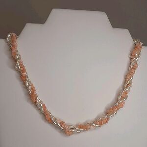 Vtg Pink Coral Chip & (faux?) Pearl Twisted Strand Necklace 18" Fishhook Clasp